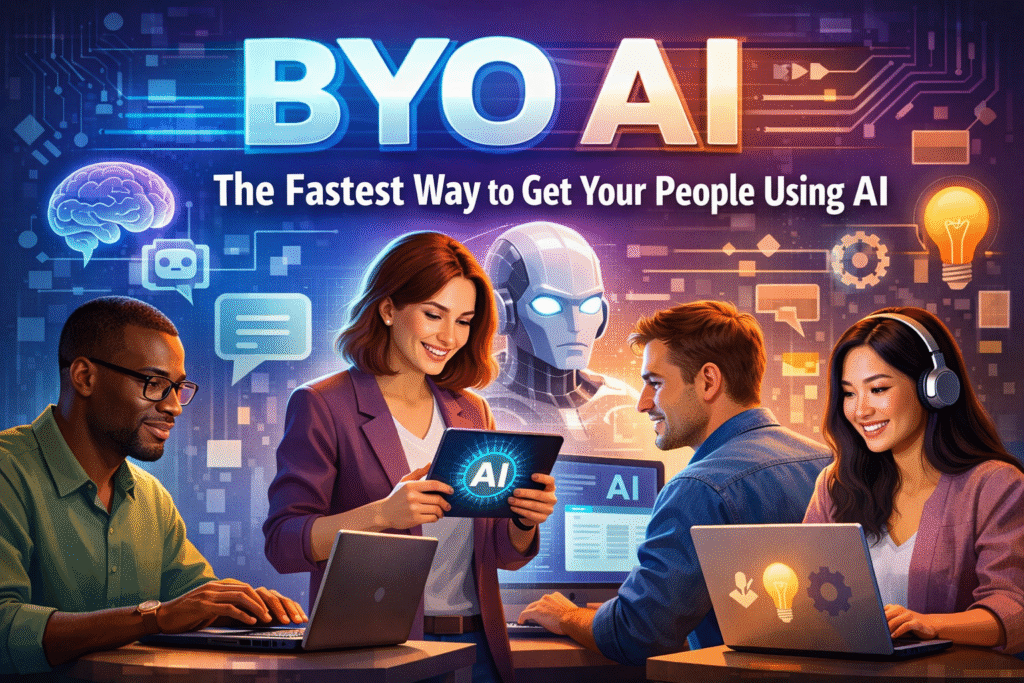 Diverse team of professionals using laptops and a tablet with AI interface, illustrating BYO AI adoption in the workplace and faster employee use of artificial intelligence tools.
