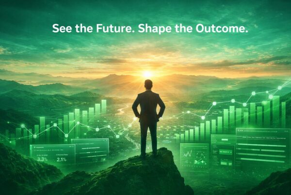 Silhouette of an executive overlooking a sunrise landscape with rising bar charts, trend lines, and analytics dashboards in green tones, symbolizing AI-powered forecasting and data-driven decision-making. Text reads: “See the Future. Shape the Outcome.”